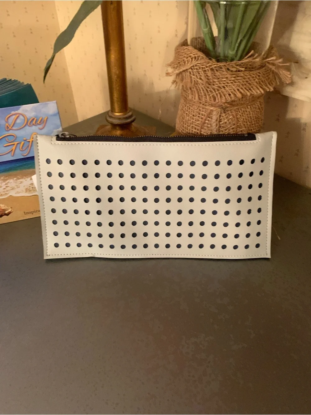 Holly Aiken NEW WITH TAGS, LIGHT GRAY, vinyl clutch or zippered pouch. HAND CUT.